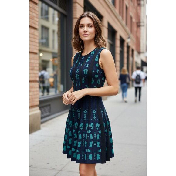 RVN Blue Green Soft Knit Fit & Flare Sweater Mini Dress Size S Party Career Work - Picture 7 of 7